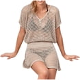 thumbnail image 2 of Youruamo Womens Crochet Swimwear Coverups Hollow Out Elastic Waist Mini Dress Short Sleeve V Neck Swimsuit Cover Up Lounge Beach Cover Ups, 2 of 7