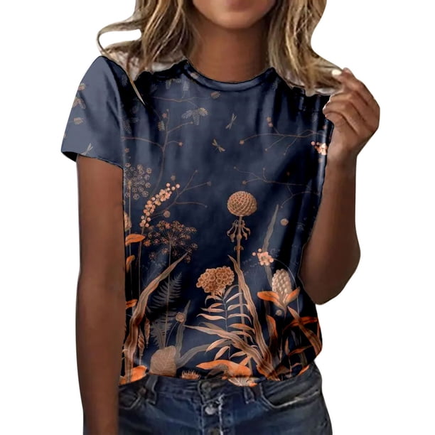 Gibobby Playera Corte clásico para Mujer Camiseta manga corta con cuello redondo y estampado floral colorido primavera y verano para mujer(M,XL)