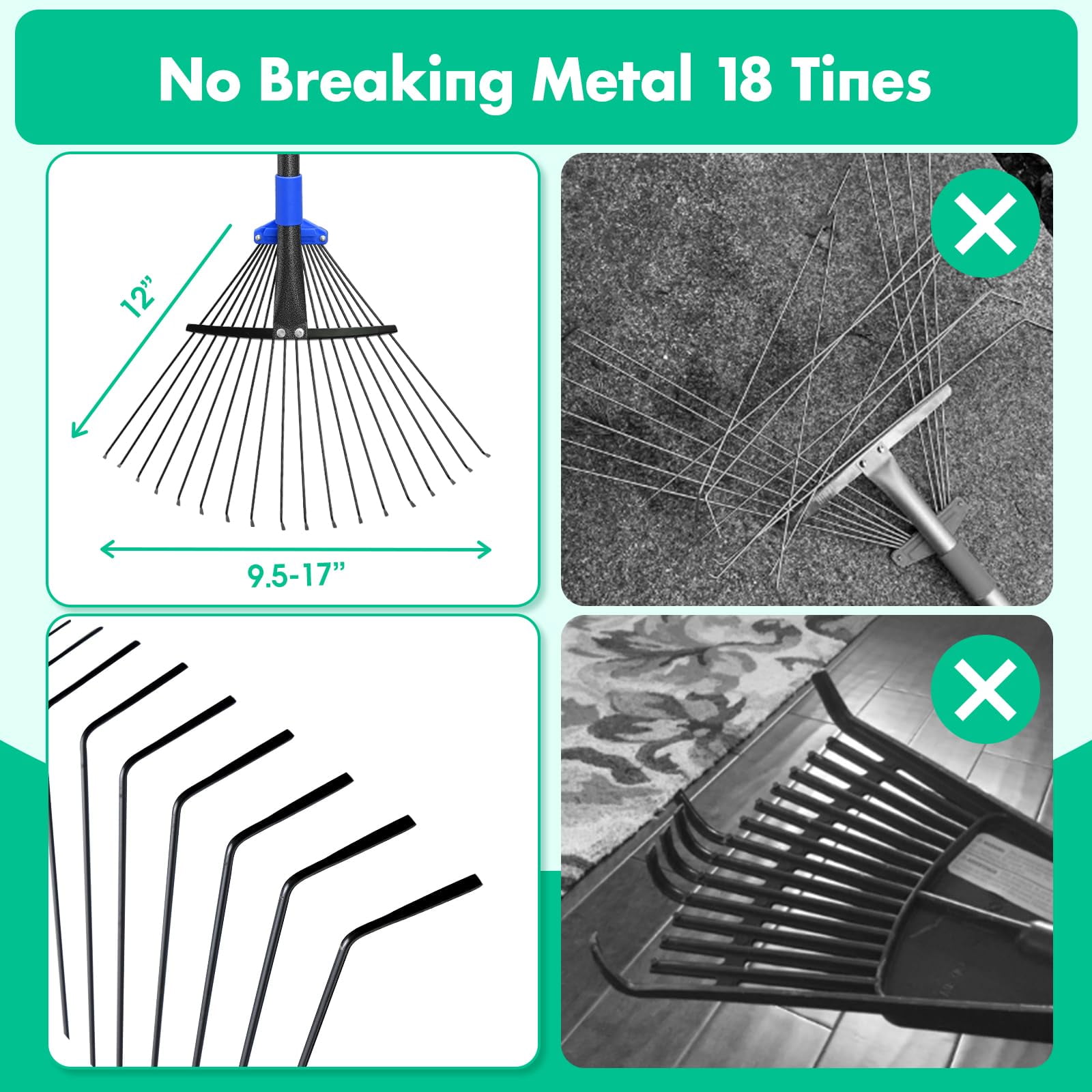 Garden Leaf Rake, head extends from 9.5''-17'', collapsible lawn rake with 58-inch adjustable splice handle, heavy-duty metal rake for lawns, flower beds