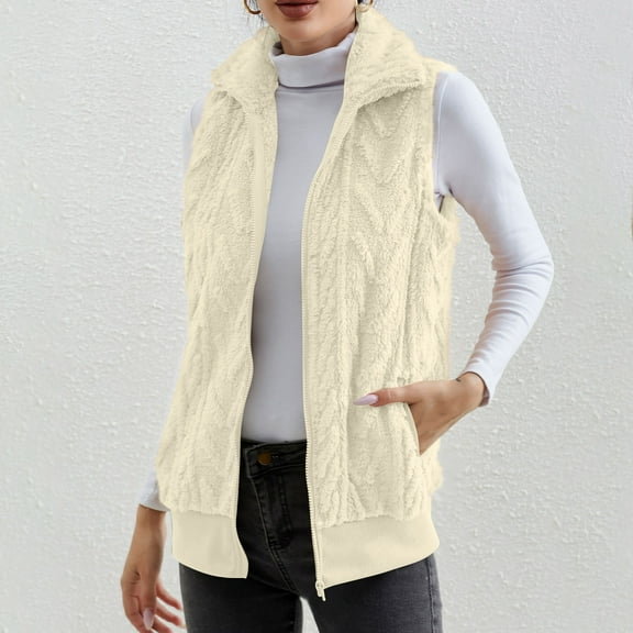AOOCHASLIY 2023 Women Winter Coat Women Solid Pocket Color Jacket Plush Sleeveless Lapel Loose Coat Top