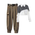 thumbnail image 1 of Guardurnaity Camisa de piezas para mujer, pantalones, conjunto de patrón de empalme, camisa chal, Retro, informal, ligero, portátil, ropa para conjuntos de ropa Blanco Gris Caqui 3 Guardurnaity AP013495-21, 1 of 6