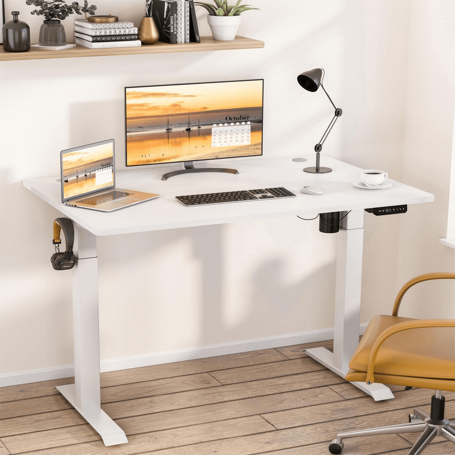Sobaniilo 63" x 24" Home Office Electric Height Adjustable Standing Desk with Memory Control, White Frame + White Top