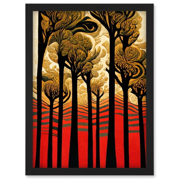 Gold Forest Trees At Sunset Modern Painting Artwork Framed Wall Art Print A4