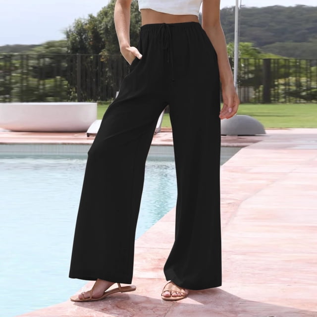 Pantalones De Pierna Ancha Pantalones holgados de mujer Pantalones casuales de lino de algodón sólido Pantalones femeninos (Negro L) Ygjytge para Mujer Negro T XXL