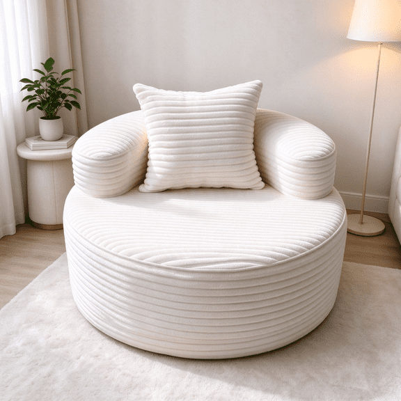 YVDNHP 37" Round Chair, Boneless Lounge Chair Indoor, Flannel Cloud Sofa with Pillow, Deep Seat Modern Accent Chairs for Living Room, Bedroom, No Assembly Required, White