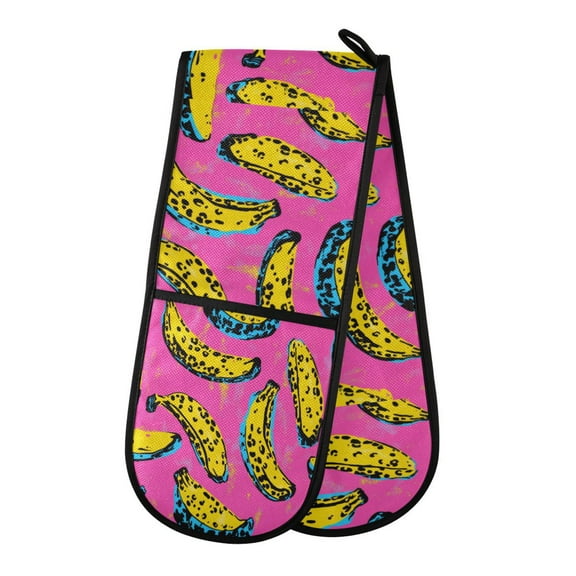 35" x7" Double Oven Mitt Heat Resistant Oven Gloves Withstands Up to 200°C for Kitchen Baking & BBQ Bananas Pattern