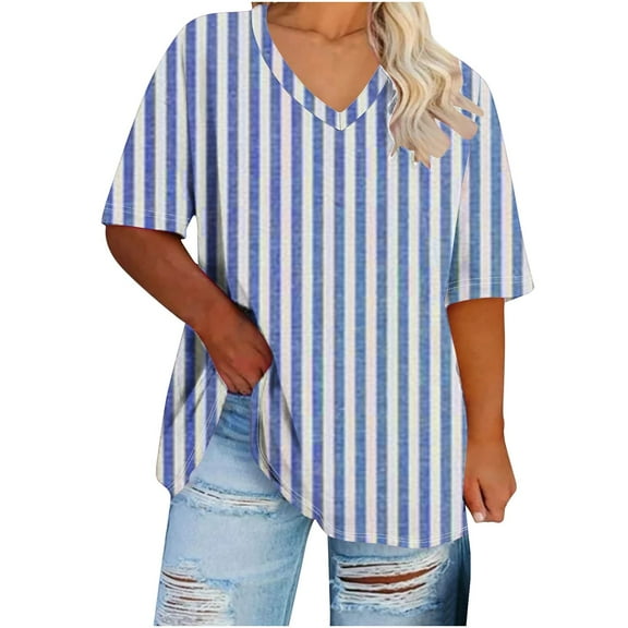 Hvyesh Women's Plus Size Short Sleeve Tops 2025 Summer Casual T-Shirts Stripe Loose Fit Blouses V Neck Shirts Holiday Tee