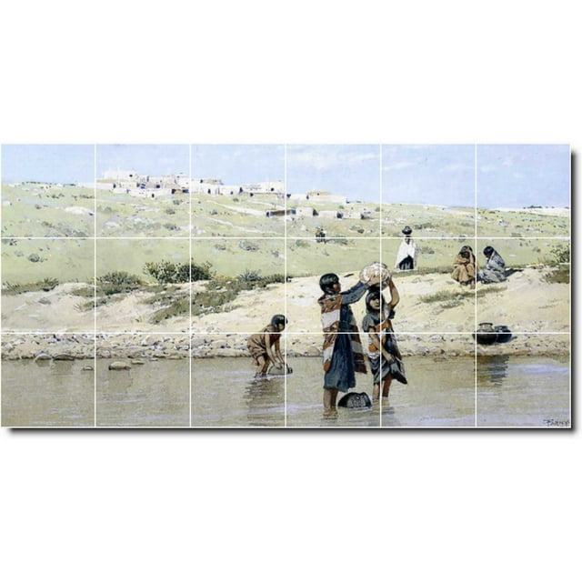 Ceramic Tile Mural-Henry Farny Indians Floor Tile Mural 2. 72" w x 36" h using (18) 12 x 12 ceramic tiles
