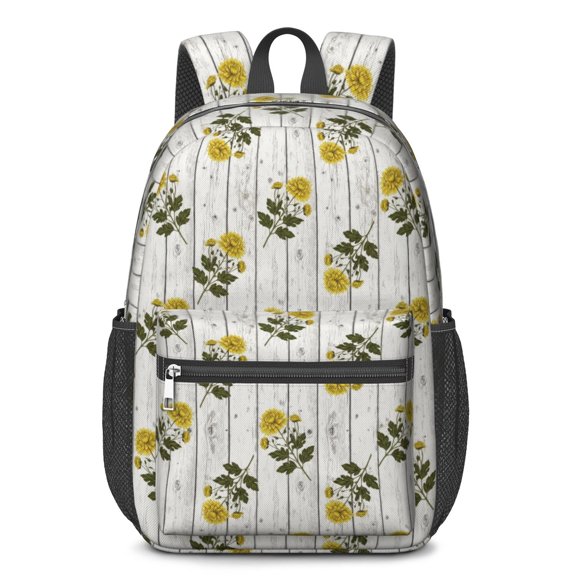 Sunflower and Plank White Pattern 17" Waterproof Oxford School Backpacks for Teens, S-Shape Padded Straps, for School, Travel, Hiking, Camping