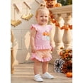 thumbnail image 4 of RUINIXCW Toddler Baby Girl Halloween Outfit Little Baby Girls Summer Fall Clothes Ghost Pumpkin Embroidered Flying Sleeve Ruffled Hem Shirt Tops and Plaid Shorts 2 Piece Set, 4 of 9