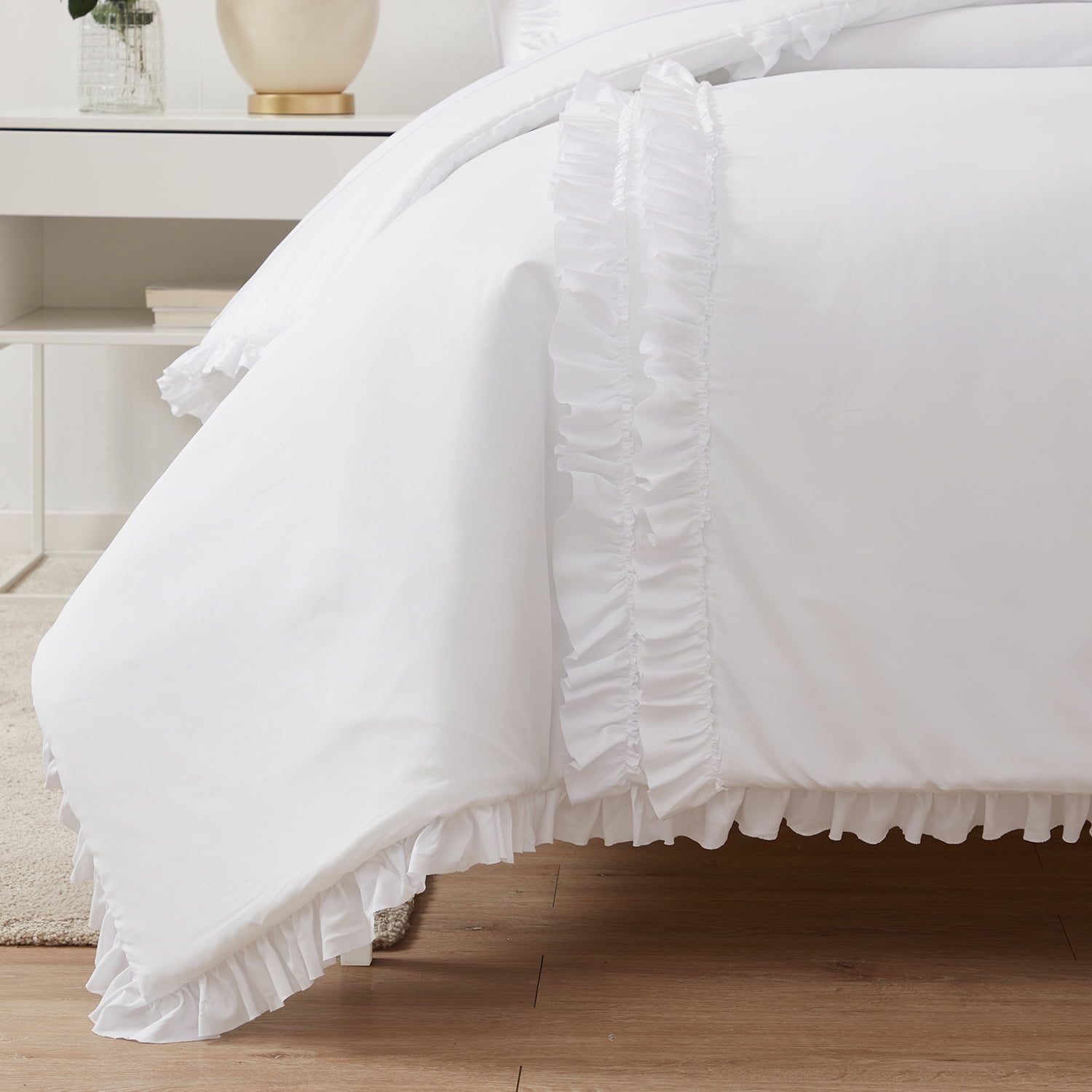 Simply Shabby Chic White Ruffle 4-Piece Soft Washed Microfiber Comforter Set, King