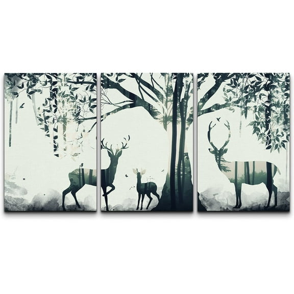 wall26 Canvas Print Wall Art Set Double Exposure Deer Family Silhouette Animals Wildlife Illustrations Modern Art Rustic Colorful Multicolor for Living Room, Bedroom, Office - 16"x24"x3