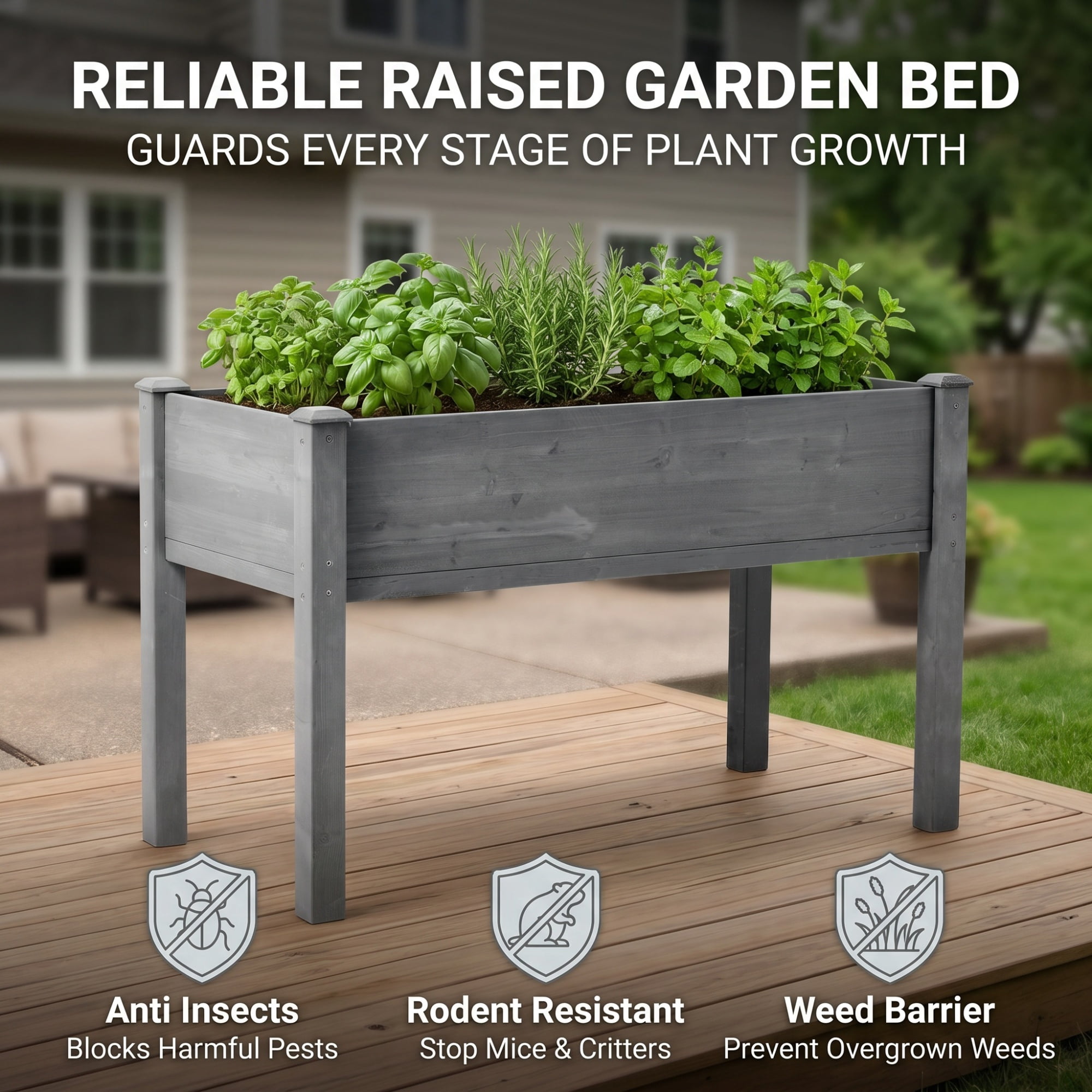 Leumius 48x24x30 Inch Raised Garden Bed with Legs, Elevated Wooden Planter Box for Outdoor Plants Flowers Fruits Vegetable Herb Growing Grey