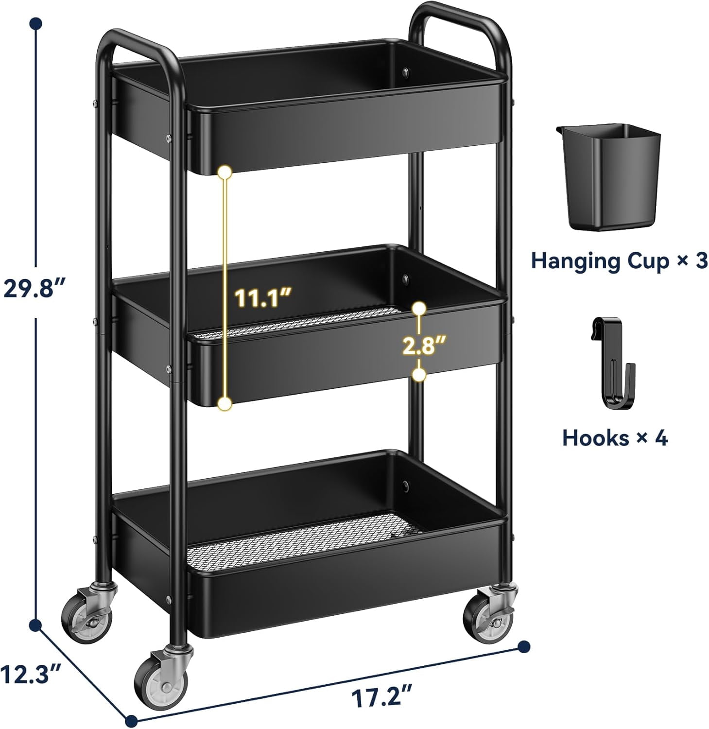 3-Tier Rolling Utility Cart with Wheels, Hanging Cups, Hooks, Heavy Duty Mesh Storage Organizer for Kitchen and Office, Lightweight Sturdy Craft Cart
