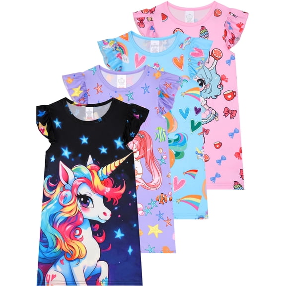 WIBACKER 3-12Y Girls Flutter Sleeve Unicorn Nightgown 1PCS Soft Kids Nightdress Pajamas for Toddler to Big Girl Nightie Dress