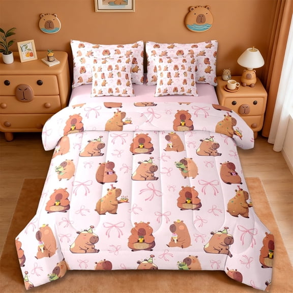 Erosebridal Brown Cartoon Capybaras 7-Piece Twin Bedding Sets For Kids,Pink Bow Cute Bowknot Bedding Comforter Set For Bowtie Girls ,Reversible Pink