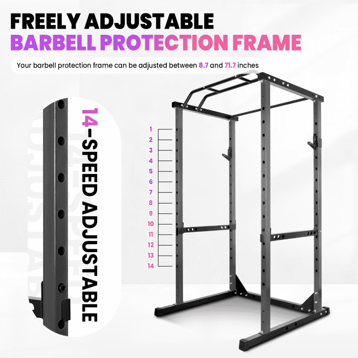 Multifunctional Squat Rack, 1.8mm Thickened Steel Pipe, 1200LB Load-bearing, 14-Level Adjustment, Power Cage, Power Rack, Squat Rack - Used in Home Gyms, Commercial Gyms, Fitness Clubs