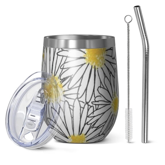 12oz Stemless Wine Tumblers White Daisy Flower Black Lines Pattern Vacuum Insulated Stainless Steel Travel Tumbler Cups Mug with Lid and Straw for Champaign,Cocktail,Beer with Cleaning Brush