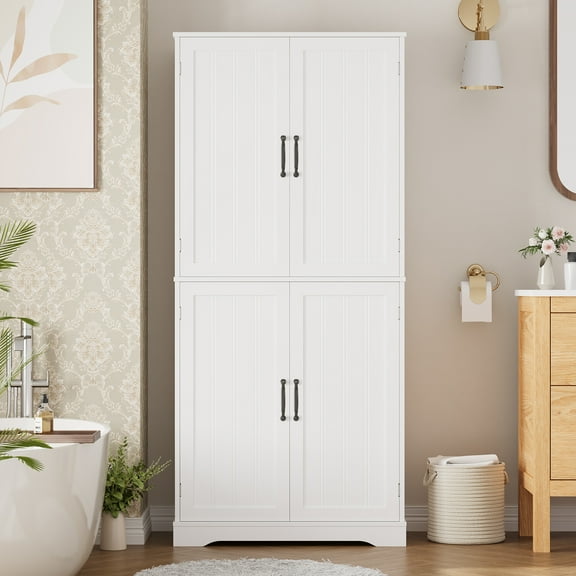 Homfa 71'' Bathroom Cabinet with 6 Storage Shelves, Freestanding Wooden Linen Cabinet for Living Room, White