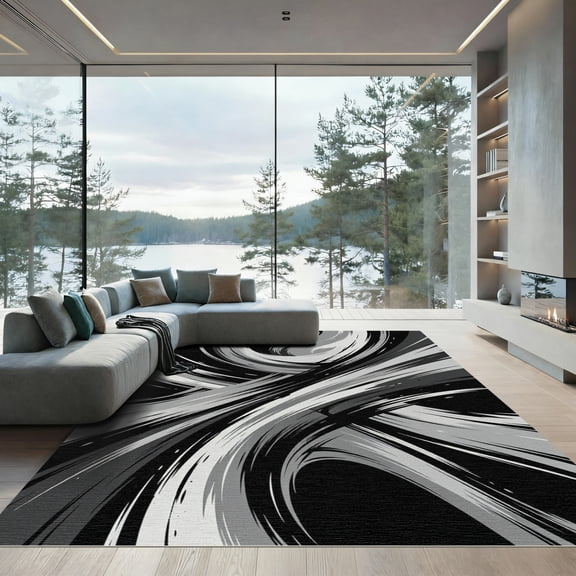 ODIKA 4' x 6' Machine Washable Non-Slip Area Rug, abstract moire High Traffic Rug, Black, 1116863