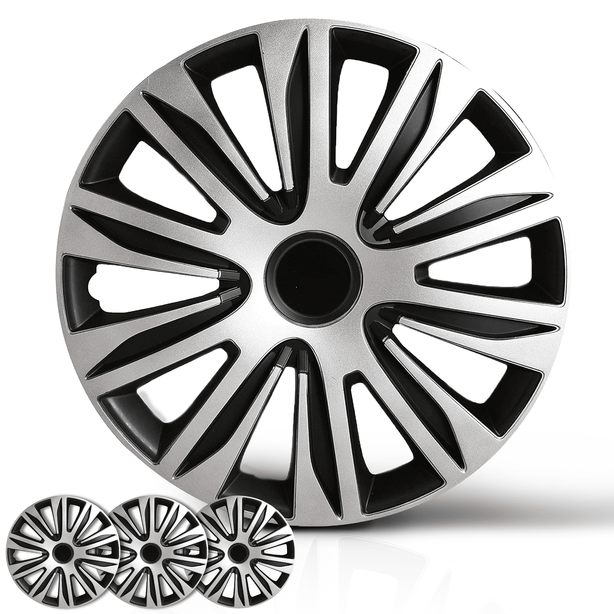 Wheel Cover Kit 16 Inch Hubcaps Set of 4 Automotive Hub Caps with Universal Snap On Retention Rings 2 Tone ABS Plastic Black and Silver Rim Covers