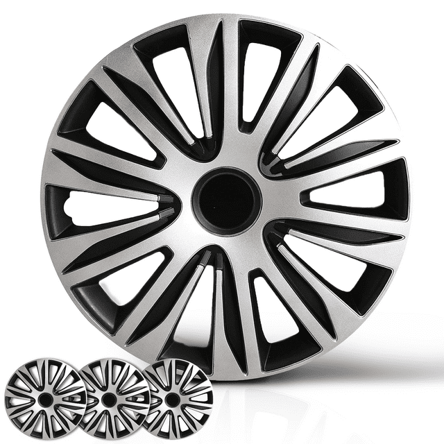 Wheel Cover Kit, 16 Inch Hubcaps Set of 4 Automotive Hub Caps with Universal Snap-On Retention Rings, 2-Tone ABS Plastic Black and Silver Rim Covers for All Makes, Models (SG-5083-DP-16)