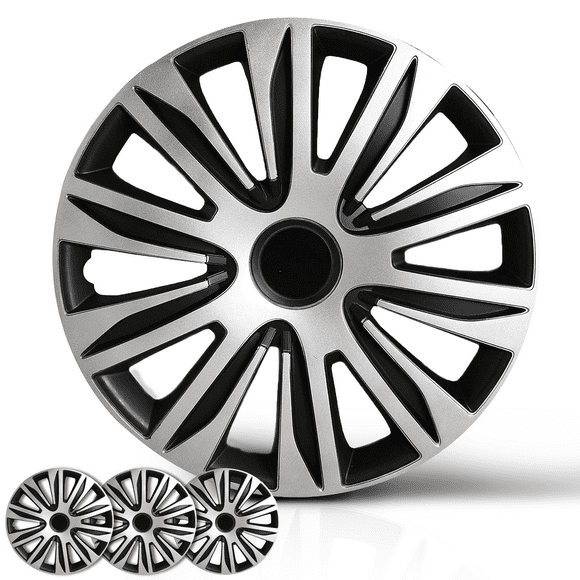 Wheel Cover Kit, 16 Inch Hubcaps Set of 4 Automotive Hub Caps with Universal Snap-On Retention Rings, 2-Tone ABS Plastic Black and Silver Rim Covers for All Makes, Models (SG-5083-DP-16)