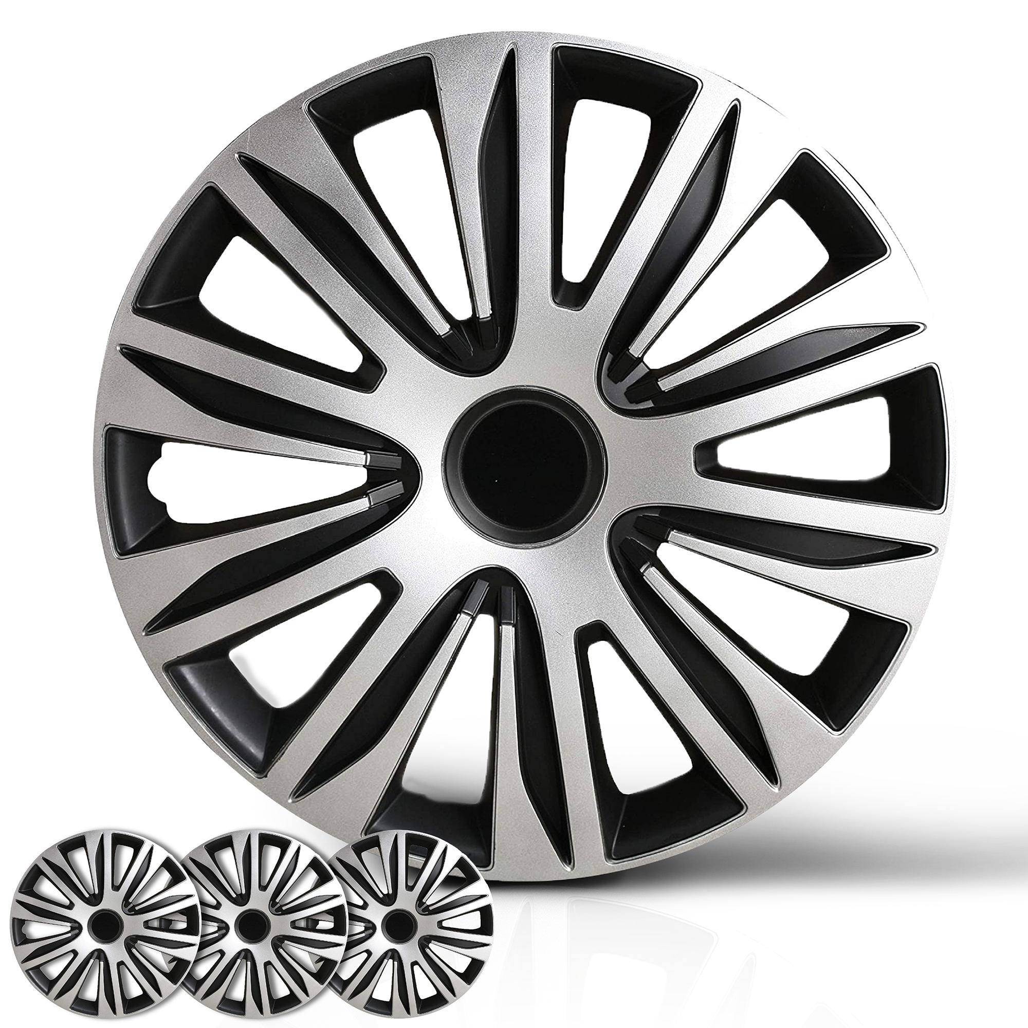 Wheel Cover Kit, 16 Inch Hubcaps Set of Automotive Hub Caps with Universal  Snap-On Retention Rings, 2-Tone ABS Plastic Black and Silver Rim Covers for  All Makes, Models (SG-5083-DP-16)