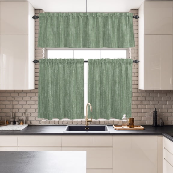 Kitchen Window Curtains Valance and Tier Set, Minimalist Sage Green Rod Pocket Tier Curtains and Valance 3 Piece Set, Vintage Linen Textured Light Filtering Window Treatment for Bedroom Living Room
