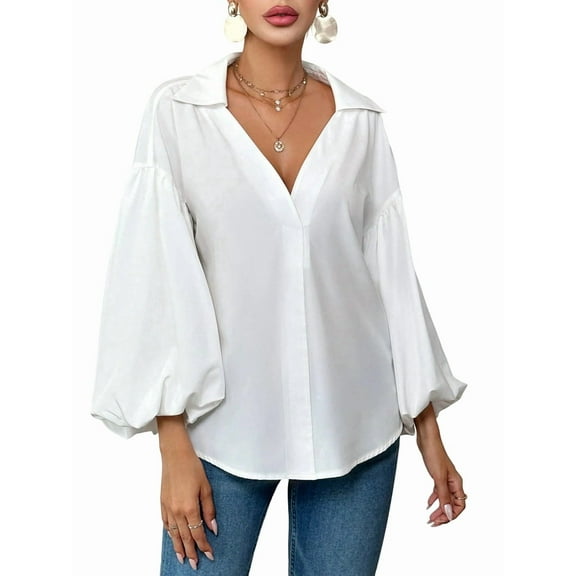 Women'S French Polka Dot Half-Open Collar Loose Bubble Long Sleeve Top White M