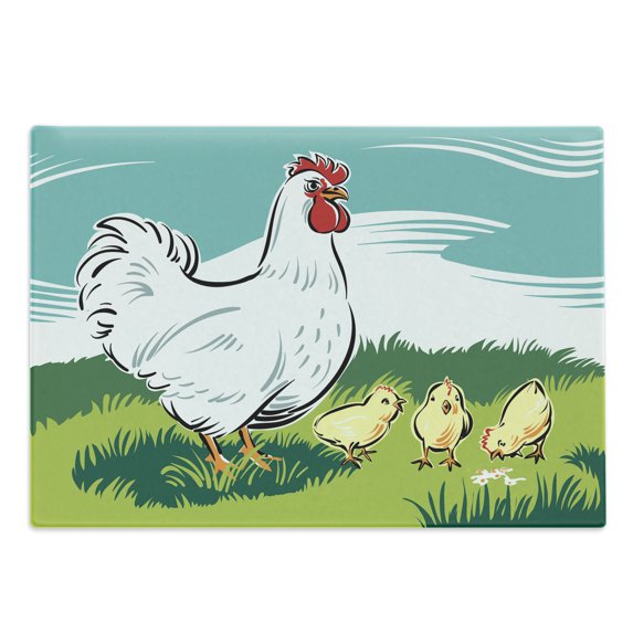 Hen and Chicks Cutting Board, Cartoon Illustration of Animal Mother and Little Babies on Grass, Decorative Tempered Glass Cutting and Serving Board, in 3 Sizes, by Ambesonne