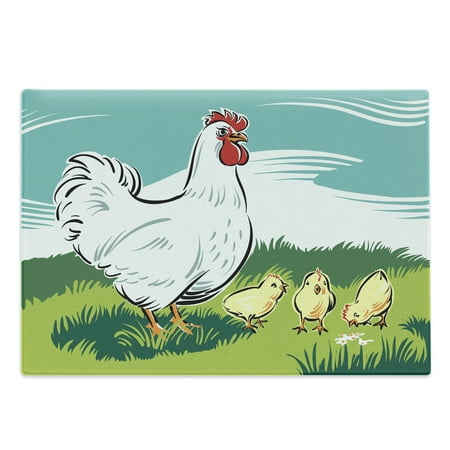 

Hen and Chicks Cutting Board Cartoon Illustration of Animal Mother and Little Babies on Grass Decorative Tempered Glass Cutting and Serving Board in 3 Sizes by Ambesonne
