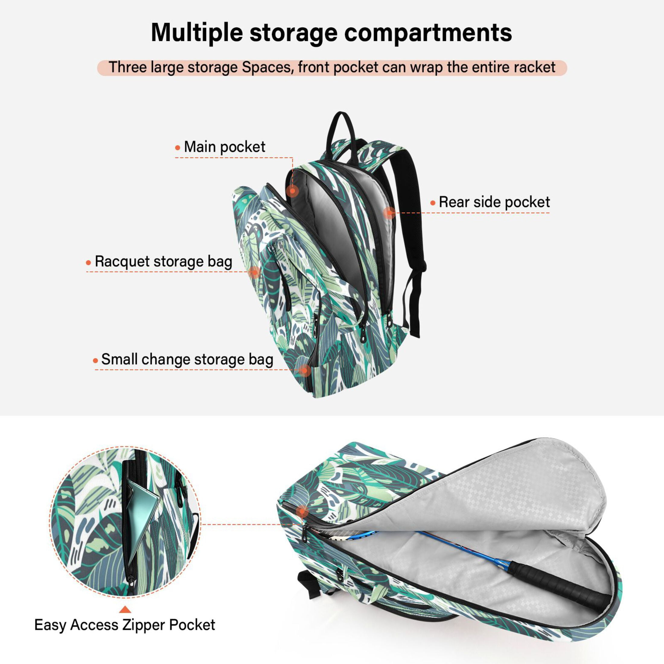 2 Racquet Holder Tennis Backpack Tennis Racket Covers Gym Bags Subdued Tropic - Artistic Tropical Pattern