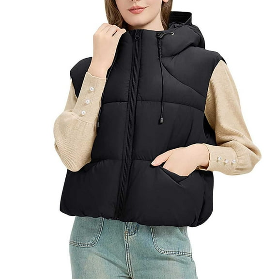 Rutainlusire Hooded Puffer Vest for Women Long Vest for Women Sleeveless Women's Casual Colored Sleeveless Hooded Jacket With Drawstring Waistcoat