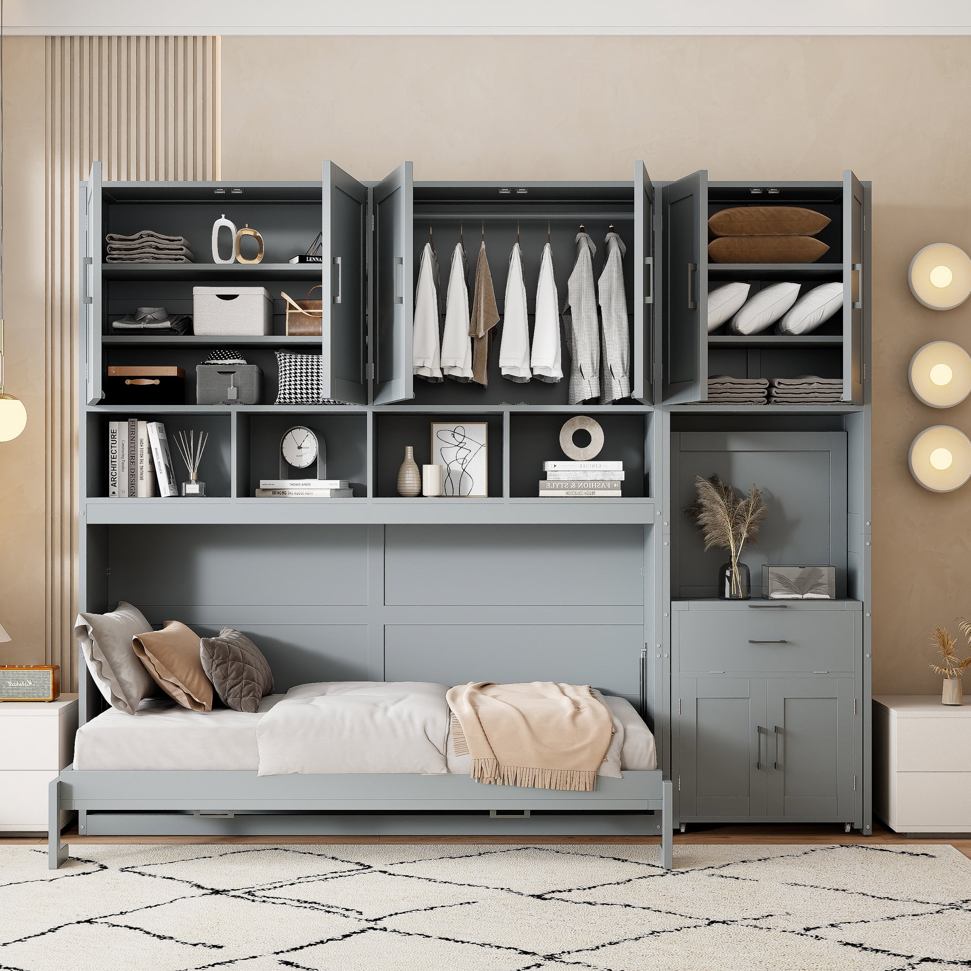 Twin Size Murphy Bed with Closet, Writing Desk, Storage Shelves for Space-Saving Guest Room