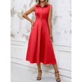 thumbnail image 7 of Red Solid Minimalist Stand Collar Sleeveless A-Line Midi Dress For Women, 7 of 7