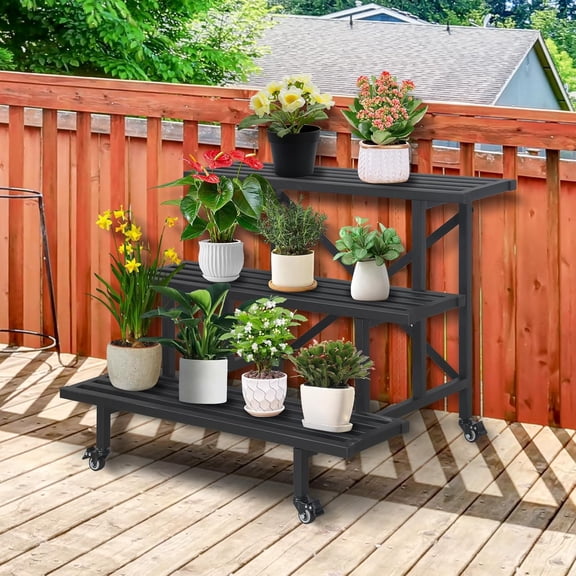 Sturdy Metal Plant Stand 3 Tier Heavy Duty Potted Flower Holder Plant Shelf Planter Display Shelving for Patio Garden Corner Balcony Living Room (L35.46 x W26.28 x H26 with Wheels)$$Garden & Patio