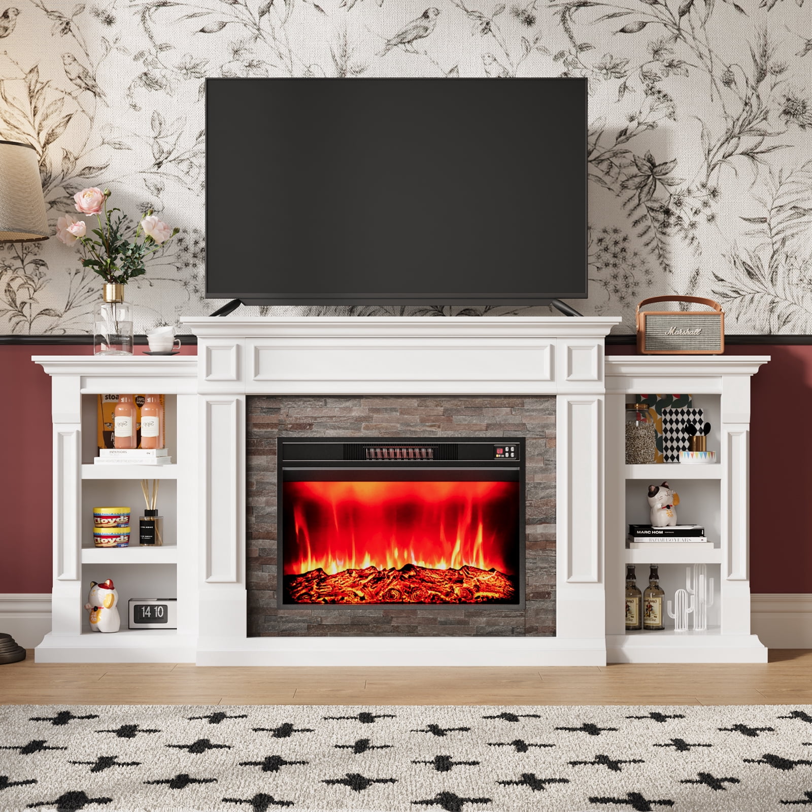 Electric Fireplace with 80" Mantel, Stacked Stone Surround with 30" Fireplace Insert, Adjustable Flame, Remote Control, White