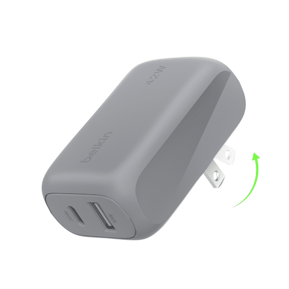 Belkin BoostCharge 42W Dual Port Wall Charger – USB-C   USB-A Fast Charging Adapter with USB-C to USB-C Cable for iPhone 16/15/14, Galaxy S25, iPad, AirPods, Nintendo Switch 2 & More – Gray