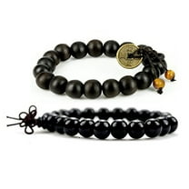Purple Whale eng Shui Coin Bracelet for Men, Women, Wood Bead Bracelet for Protection, Meditation, Good Luck, Buddha Prayer Mala, Wooden Jewelry, Black, 7-8 Inches, 2 Pieces - w026
