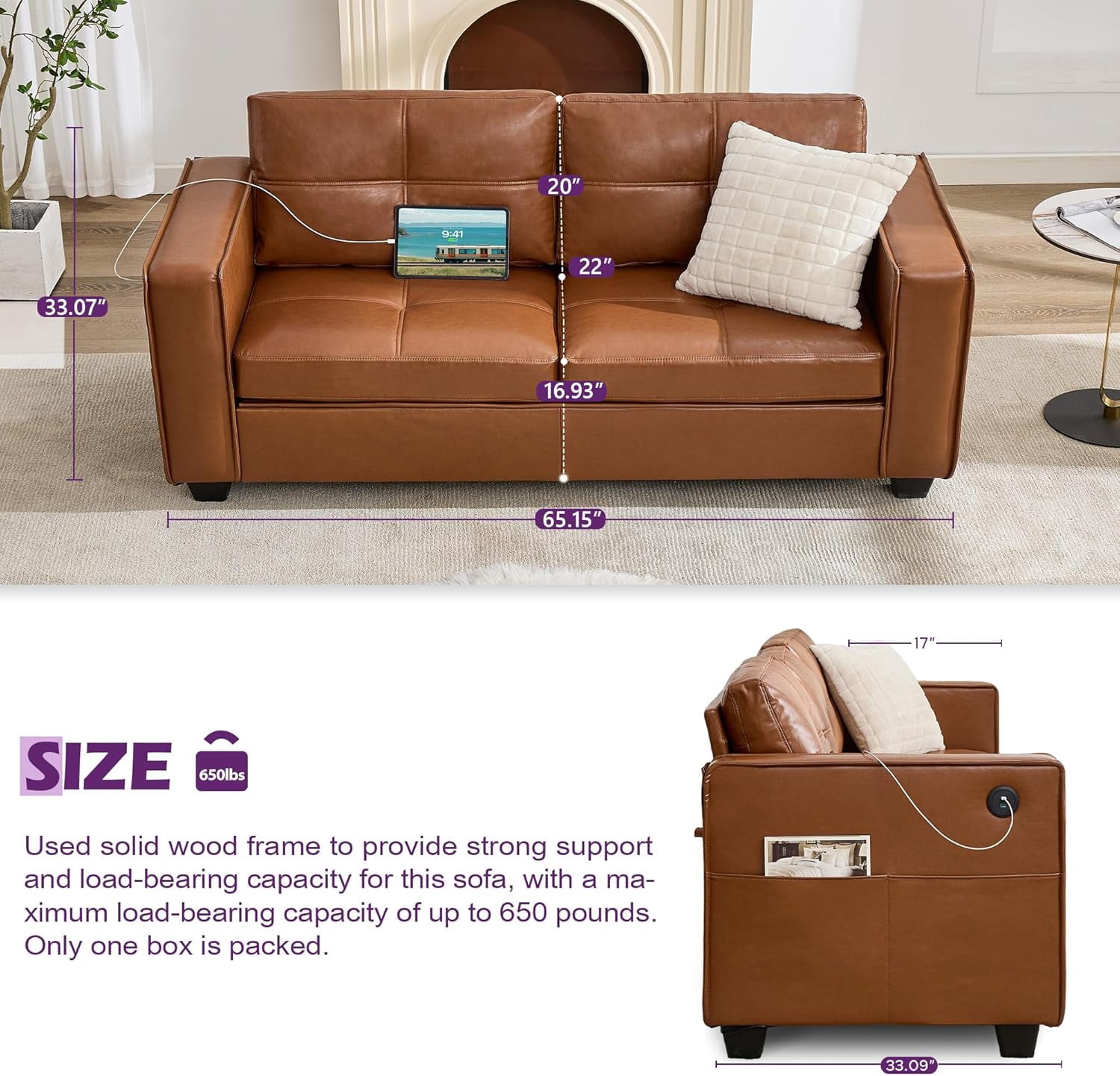 AODAILIHB 65" W Faux Leather Loveseat Sofa, Modern Tufted Comfy Office Small Couch w/USB Charging Ports and Wide Arms, Brown