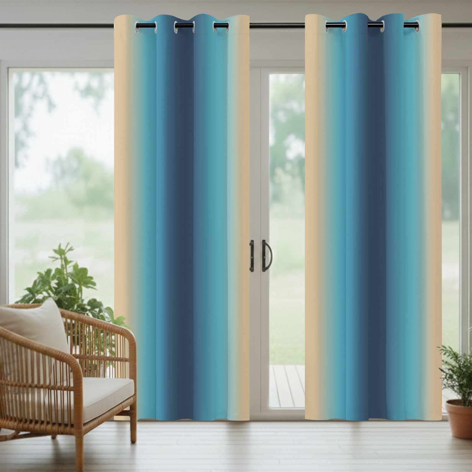 1 Panel Outdoor Curtains for Patio Waterproof 54"x84", Blue Teal Yellow Ombre Weatherproof Privacy Outsides Curtains, Farmhouse Modern Gradient Art Grommet Thermal Drapes for Cabana Porch Pergola