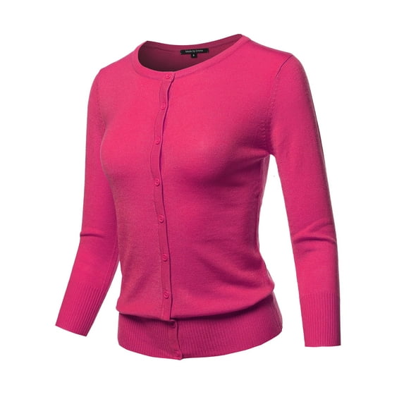 FashionOutfit Women's Solid Crew Neck Button Down 3/4 Sleeves Knit Cardigan