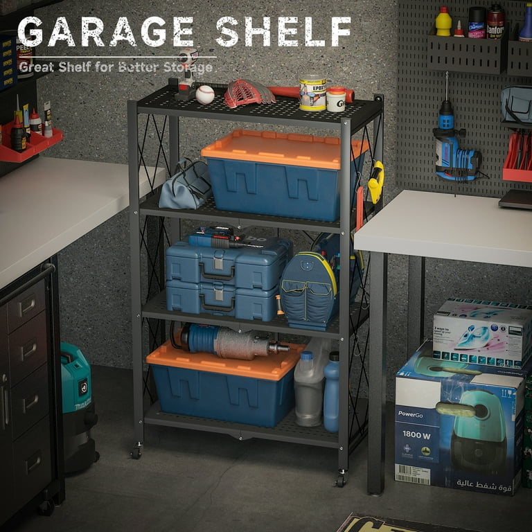 COOKCOK 4-Tier Storage Shelving Unit, Metal Shelf, Foldable Storage Shelf  with Wheels, 27.9x13.4x49.72 Garage Shelf, Metal Storage Rack, Kitchen
