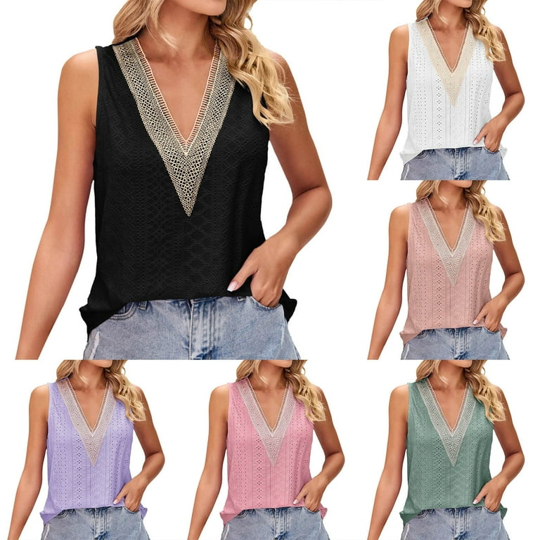 PMUYBHF Lace Camisole Camisole Tops for Women Built in Bra Plus Size Womens  Summer Solid Tank Tops Lace Flowy Hide Belly Shirts Deep V Neck Cute Casual  Tank 