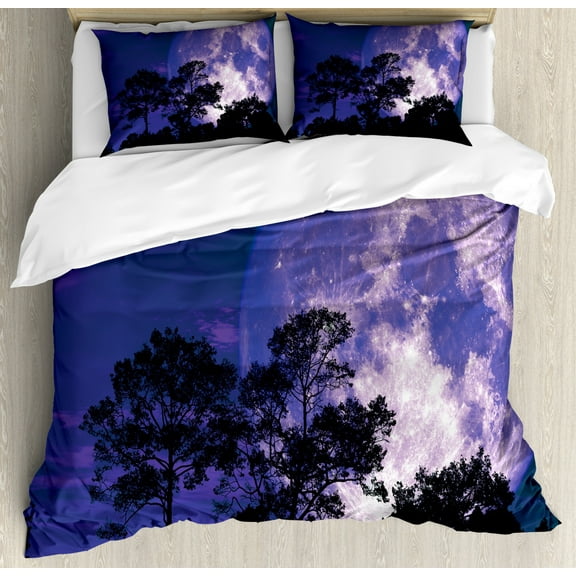 Full Moon Duvet Cover Set Queen Size, Tree Silhouettes on a Field and Moon Beaming, Decorative 3 Piece Bedding Set with 2 Pillow Shams, Dark Indigo Royal Blue Charcoal Grey Lavender, by Ambesonne