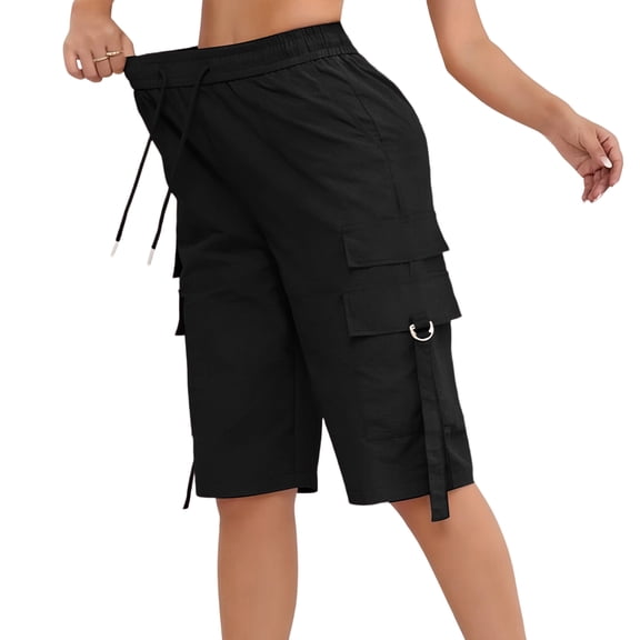 Dweltoz Cargo Shorts for Women High Waisted Casual Long Shorts with Pockets Summer Lightweight Knee Length Outdoor Short Pants,Black XL