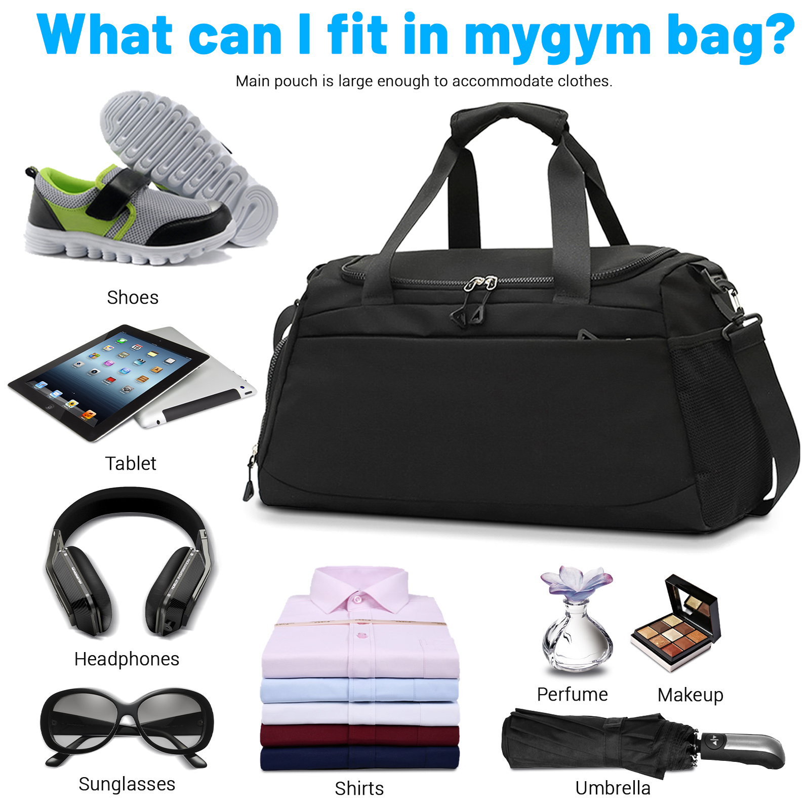 Sports Gym Bag with Wet Pocket & Shoe Compartment, Waterproof Travel Duffel Bags for Women Men, Weekender Carry on Overnight Tote Workout Bag for Yoga Swimming Hospital (Black)