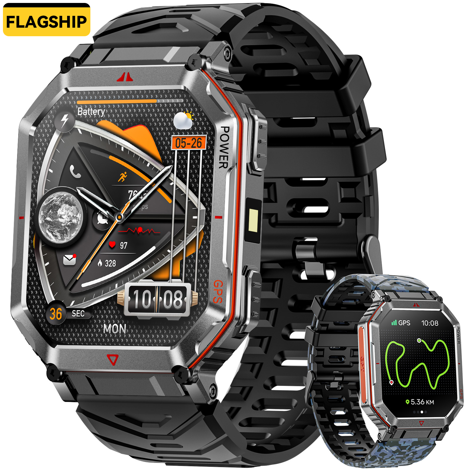 Flagship Premium Military Smart Watch, 2.01" HD Smartwatch with GPS, ChatGPT AI Assistant, 3ATM Waterproof, 100+ Sports Modes, Fitness Tracker fits for Android iPhone Devices, 2 Bands (Black + Camo)