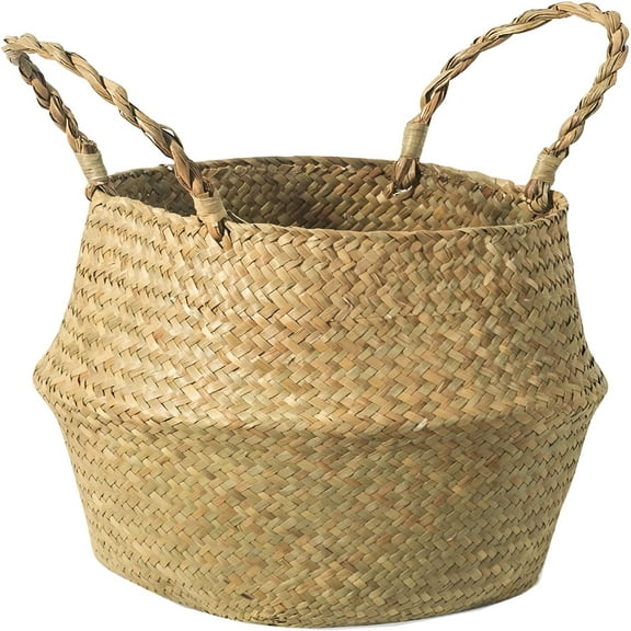 LAMIRO Seagrass Belly Basket,Hand Woven Belly Basket for Storage,Laundry,Picnic,Plant Pot Cover,Beach and Grocery Basket (12.59 x 10.63")